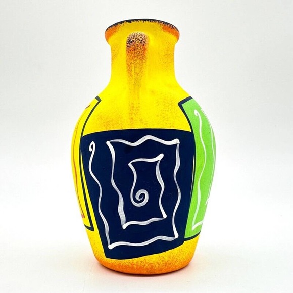 Art. F. Diaz Vase Post Modern 90s Hand Painted Yellow Matte Glaze Signed - Picture 3 of 13